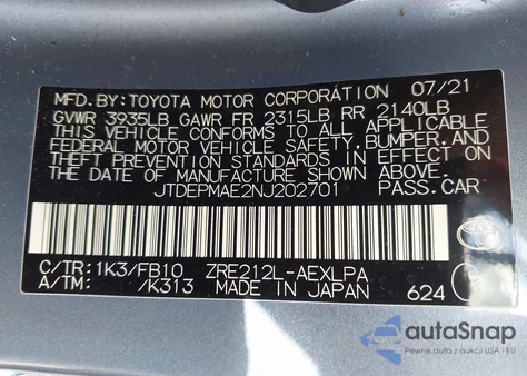 2022 Toyota Corolla Le z USA, uszkodzony, nr VIN JTDEPMAE2NJ202701